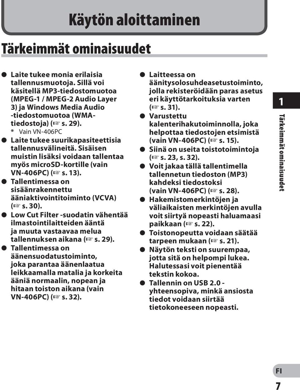 * Vain VN-406PC s Laite tukee suurikapasiteettisia tallennusvälineitä. Sisäisen muistin lisäksi voidaan tallentaa myös microsd-kortille (vain VN-406PC) ( s. 13).