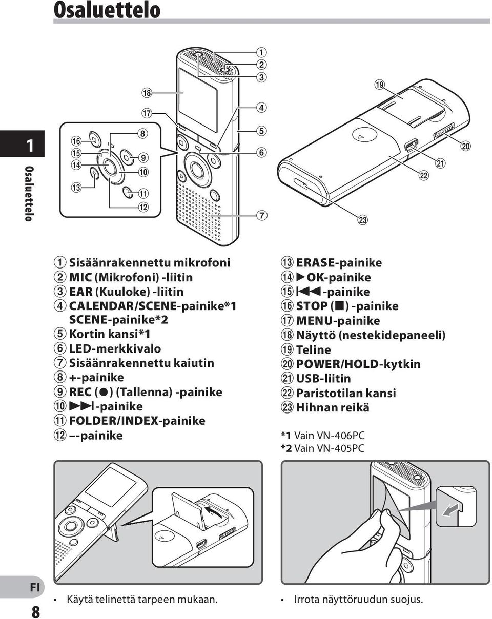 6 LED-merkkivalo 7 Sisäänrakennettu kaiutin 8 +-painike 9 REC (s) (Tallenna) -painike 0 9-painike!