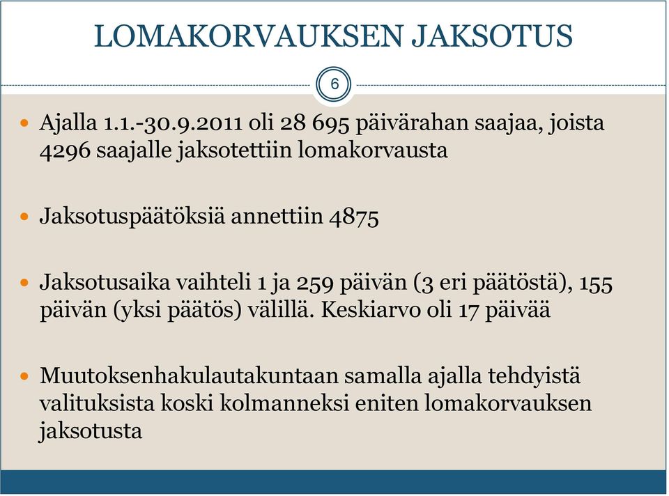 Jaksotuspäätöksiä annettiin 4875 Jaksotusaika vaihteli 1 ja 259 päivän (3 eri päätöstä), 155