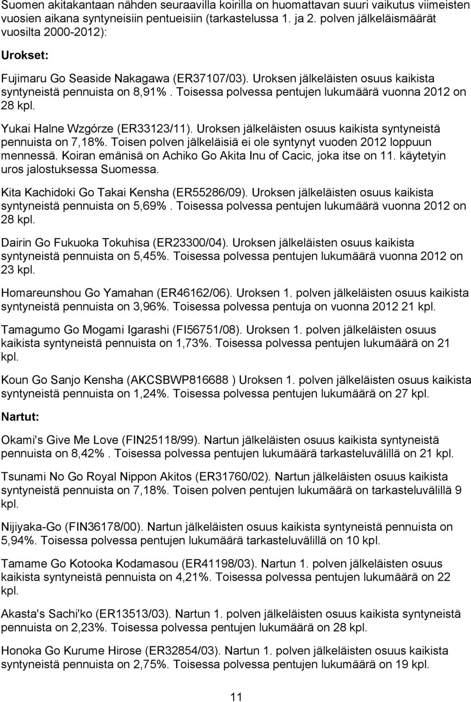 Toisessa polvessa pentujen lukumäärä vuonna 2012 on 28 kpl. Yukai Halne Wzgórze (ER33123/11). Uroksen jälkeläisten osuus kaikista syntyneistä pennuista on 7,18%.