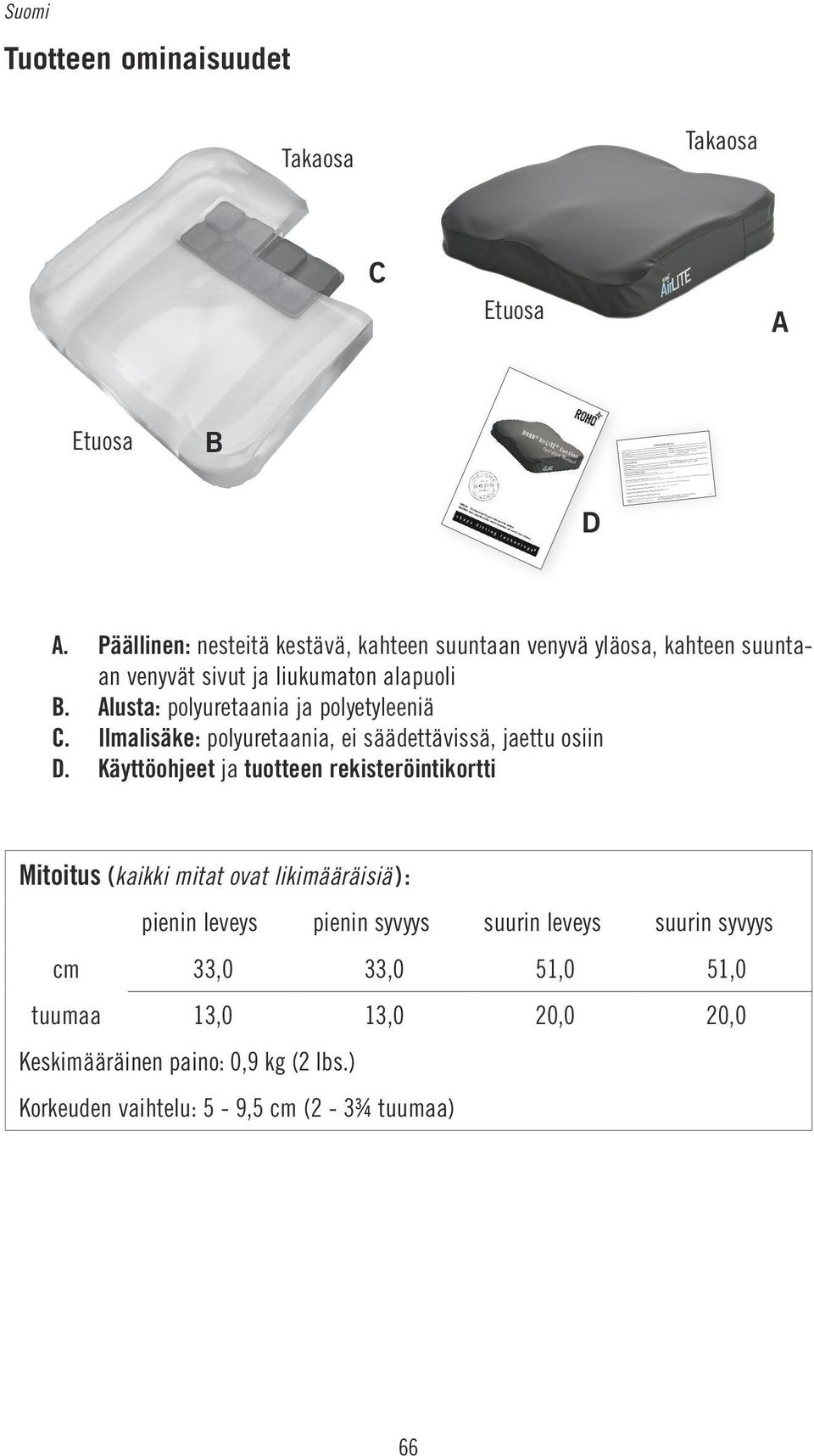 Alusta: polyuretaania ja polyetyleeniä C. Ilmalisäke: polyuretaania, ei säädettävissä, jaettu osiin D.