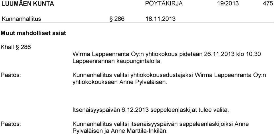 30 Lappeenrannan kaupungintalolla.