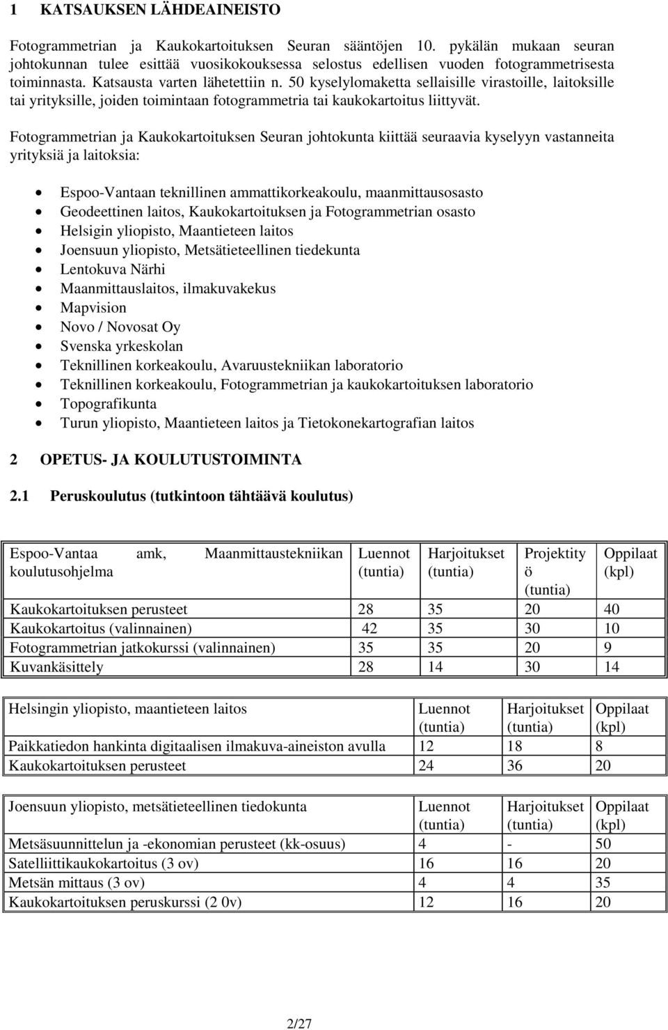 50 kyselylomaketta sellaisille virastoille, laitoksille tai yrityksille, joiden toimintaan fotogrammetria tai kaukokartoitus liittyvät.