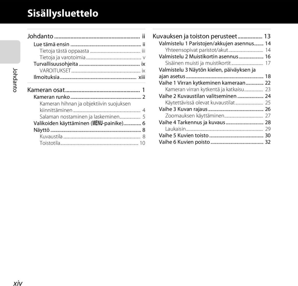 .. 10 Kuvauksen ja toiston perusteet... 13 Valmistelu 1 Paristojen/akkujen asennus... 14 Yhteensopivat paristot/akut... 14 Valmistelu 2 Muistikortin asennus... 16 Sisäinen muisti ja muistikortit.