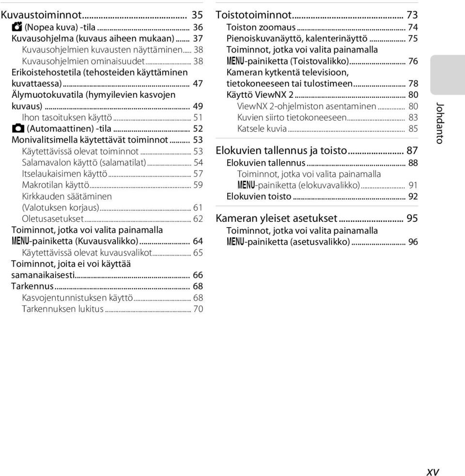 .. 52 Monivalitsimella käytettävät toiminnot... 53 Käytettävissä olevat toiminnot... 53 Salamavalon käyttö (salamatilat)... 54 Itselaukaisimen käyttö... 57 Makrotilan käyttö.