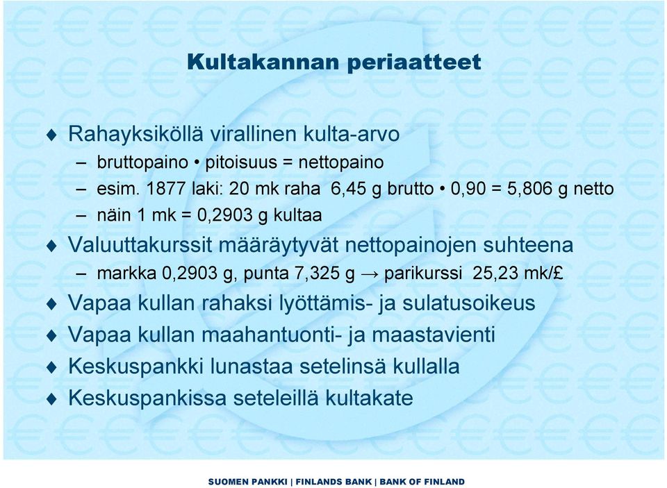 nettopainojen suhteena markka 0,2903 g, punta 7,325 g parikurssi 25,23 mk/ Vapaa kullan rahaksi lyöttämis- ja