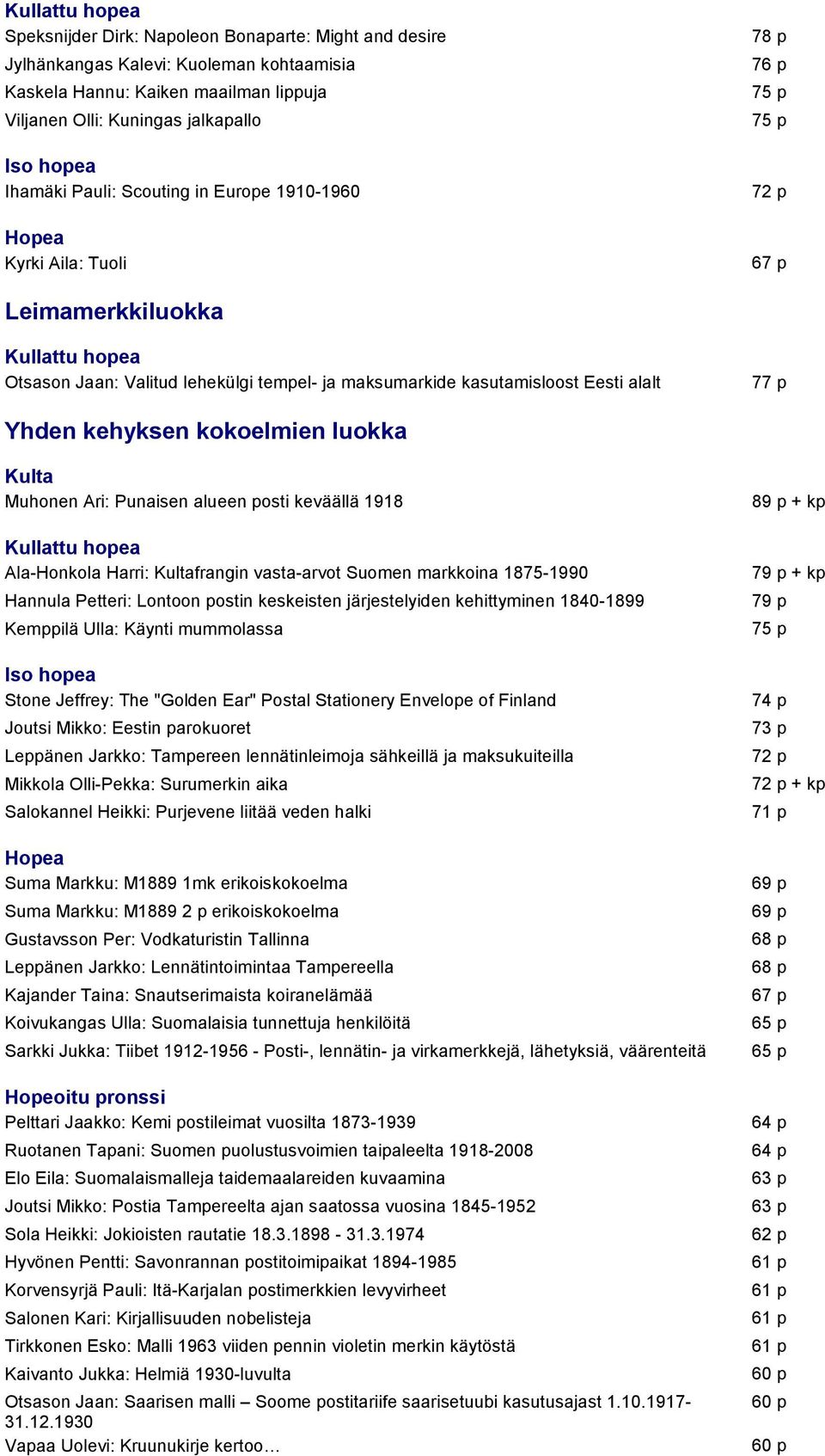 posti keväällä 1918 Ala-Honkola Harri: frangin vasta-arvot Suomen markkoina 1875-1990 Hannula Petteri: Lontoon postin keskeisten järjestelyiden kehittyminen 1840-1899 Kemppilä Ulla: Käynti mummolassa