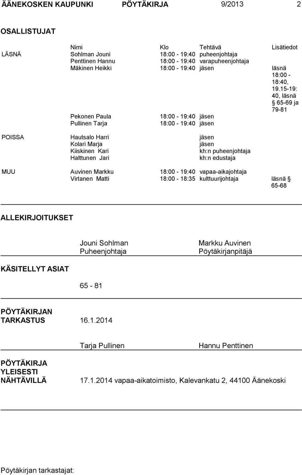 15-19: 40, läsnä 65-69 ja 79-81 Pekonen Paula 18:00-19:40 jäsen Pullinen Tarja 18:00-19:40 jäsen POISSA Hautsalo Harri jäsen Kolari Marja jäsen Kiiskinen Kari kh:n puheenjohtaja Halttunen Jari kh:n