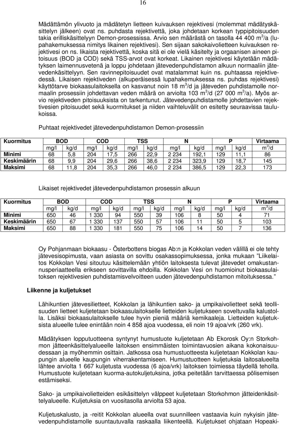 Sen sijaan sakokaivolietteen kuivauksen rejektivesi on ns. likaista rejektivettä, koska sitä ei ole vielä käsitelty ja orgaanisen aineen pitoisuus (BOD ja COD) sekä TSS-arvot ovat korkeat.