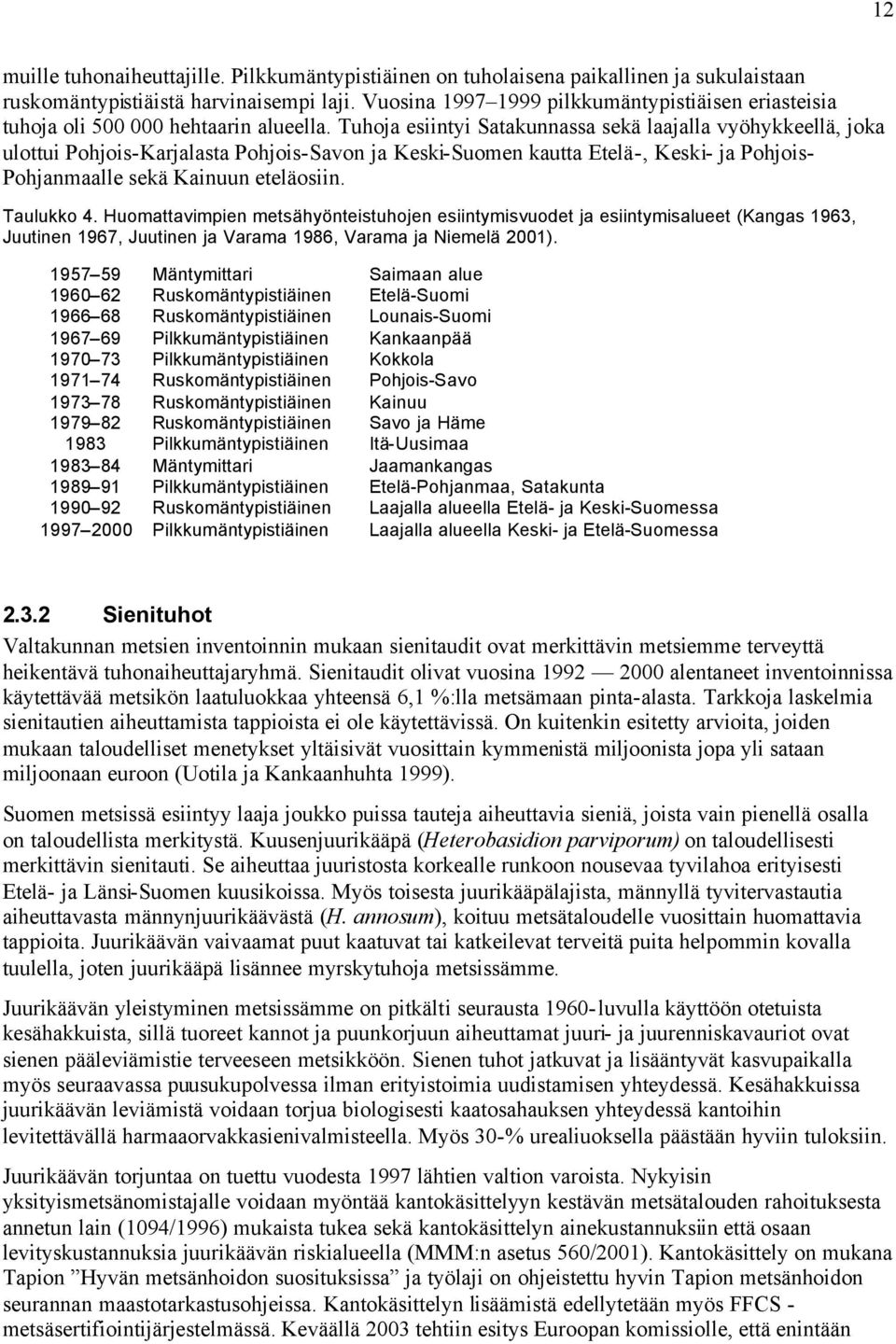 Tuhoja esiintyi Satakunnassa sekä laajalla vyöhykkeellä, joka ulottui Pohjois-Karjalasta Pohjois-Savon ja Keski-Suomen kautta Etelä-, Keski- ja Pohjois- Pohjanmaalle sekä Kainuun eteläosiin.