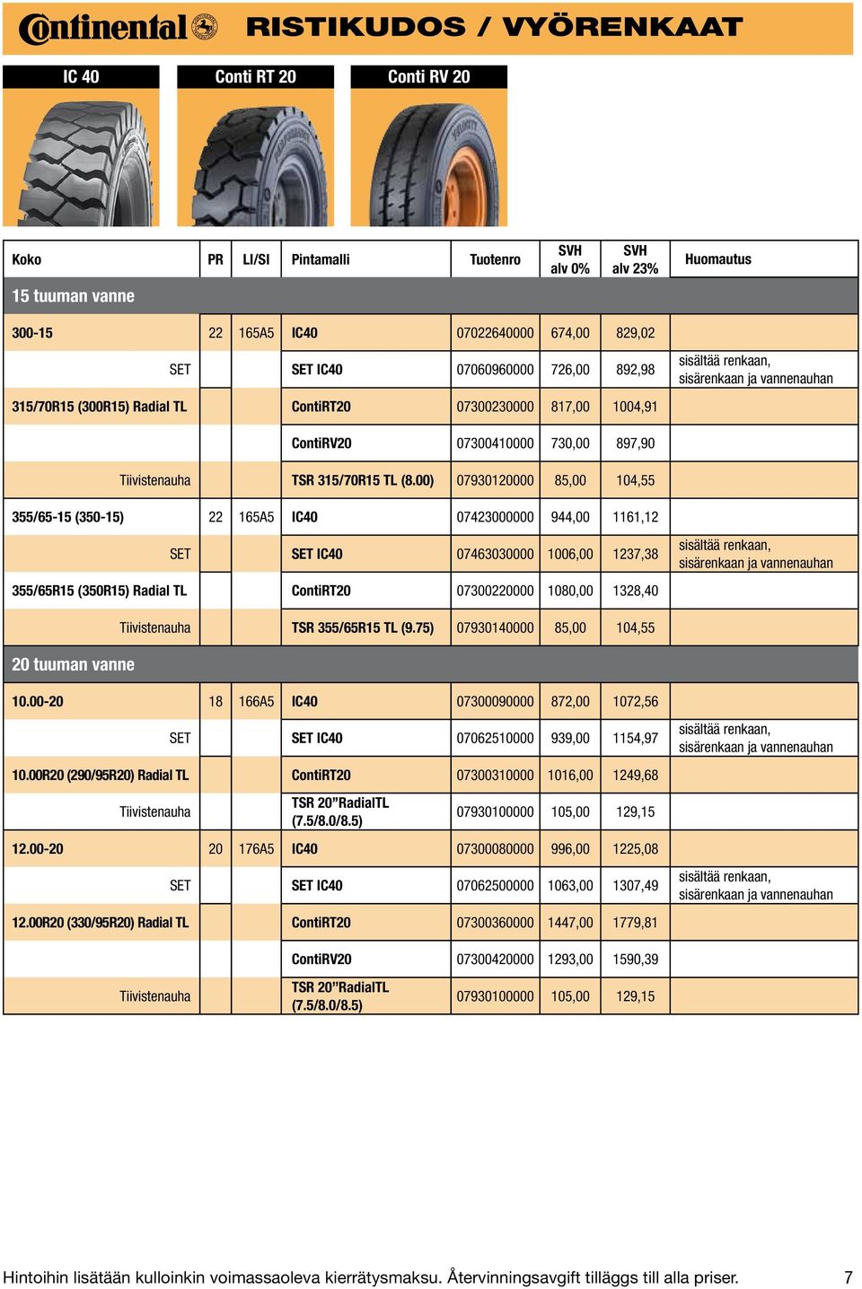 00) 07930120000 85,00 104,55 355/65-15 (350-15) 22 165A5 IC40 07423000000 944,00 1161,12 SET SET IC40 07463030000 1006,00 1237,38 355/65R15 (350R15) Radial TL ContiRT20 07300220000 1080,00 1328,40 20