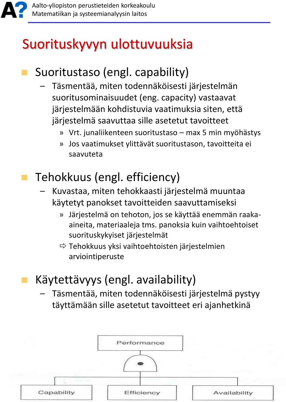 junaliikenteen suoritustaso max 5 min myöhästys» Jos vaatimukset ylittävät suoritustason, tavoitteita ei saavuteta Tehokkuus (engl.