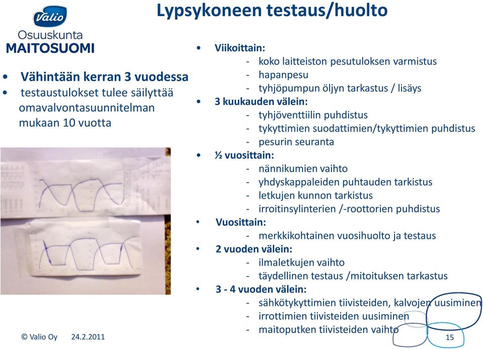 yhdyskappaleiden puhtauden tarkistus - letkujen kunnon tarkistus - irroitinsylinterien /-roottorien puhdistus Vuosittain: - merkkikohtainen vuosihuolto ja testaus 2 vuoden välein: - ilmaletkujen