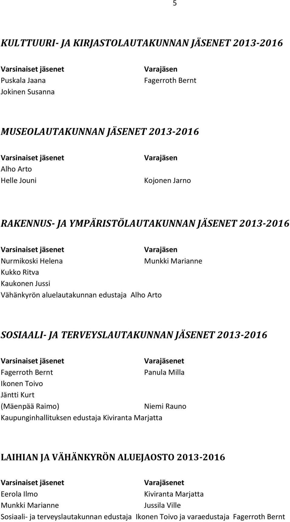 SOSIAALI- JA TERVEYSLAUTAKUNNAN JÄSENET 2013-2016 Fagerroth Bernt Panula Milla Ikonen Toivo Jäntti Kurt (Mäenpää Raimo) Niemi Rauno Kaupunginhallituksen edustaja