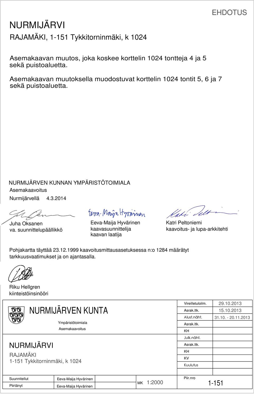lup-rkkitehti Pohjkrtt täyttää kvoitusmittussetuksess n:o määrätyt trkkuusvtimukset j on jntsll Riku Hellgren kiinteistöinsinööri NURMIJÄRVEN KUNTA NURMIJÄRVI Ympäristötoimil