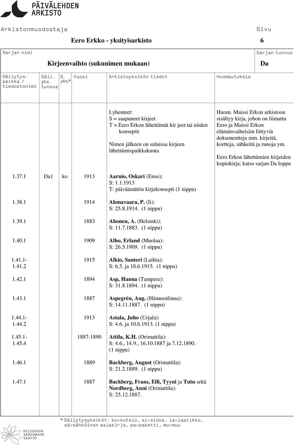 Eero Erkon lähettämien kirjeiden kopiokirja; katso sarjan Da loppu 1.37.1 Da1 ko 1913 Aarnio, Oskari (Enso): S: 1.1.1913 T: päiväämätön kirjekonsepti 1.38.1 1914 Ahmavaara, P. (Ii): S: 25.8.1914. 1.39.