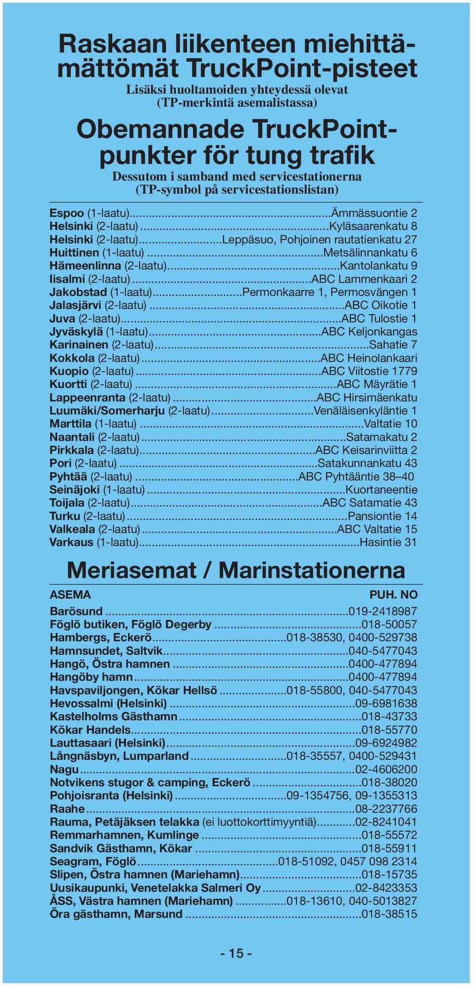..Leppäsuo, Pohjoinen rautatienkatu 27 Huittinen (1-laatu)...Metsälinnankatu 6 Hämeenlinna (2-laatu)...Kantolankatu 9 Iisalmi (2-laatu)...ABC Lammenkaari 2 Jakobstad (1-laatu).