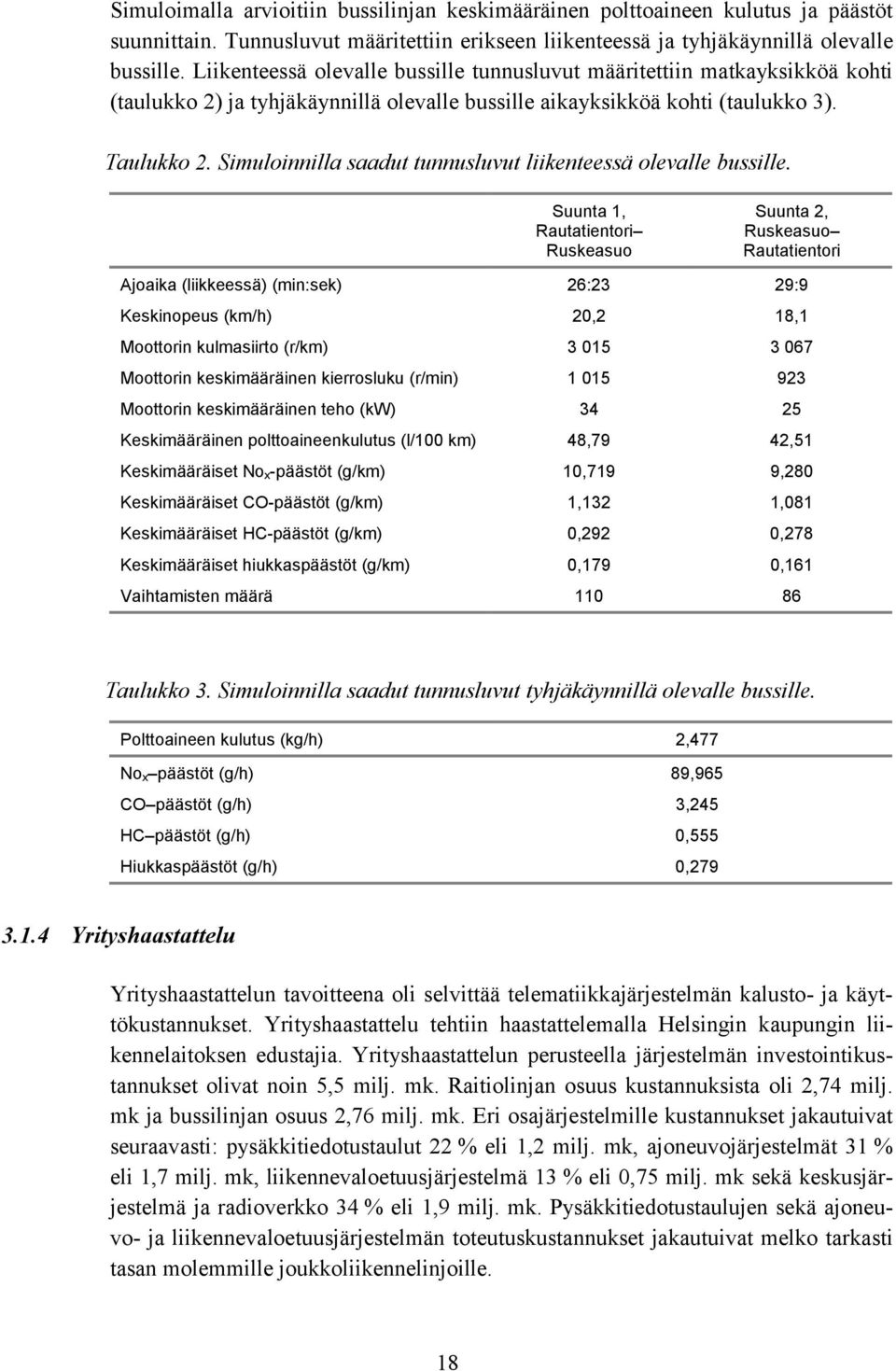 Simuloinnilla saadut tunnusluvut liikenteessä olevalle bussille.