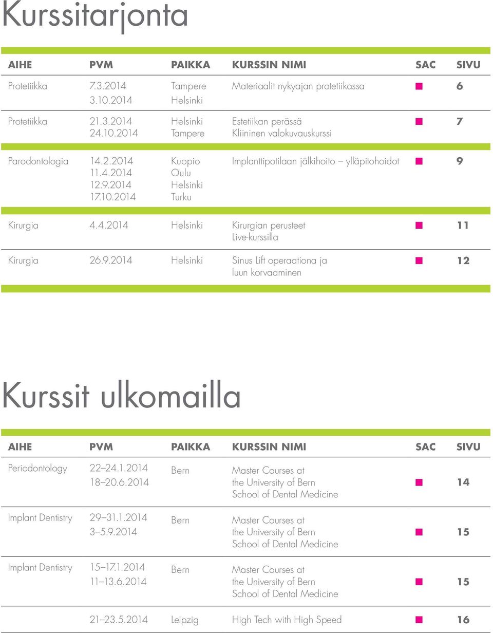 1.2014 18 20.6.2014 Bern Master Courses at the University of Bern School of Dental Medicine 14 Implant Dentistry 29 