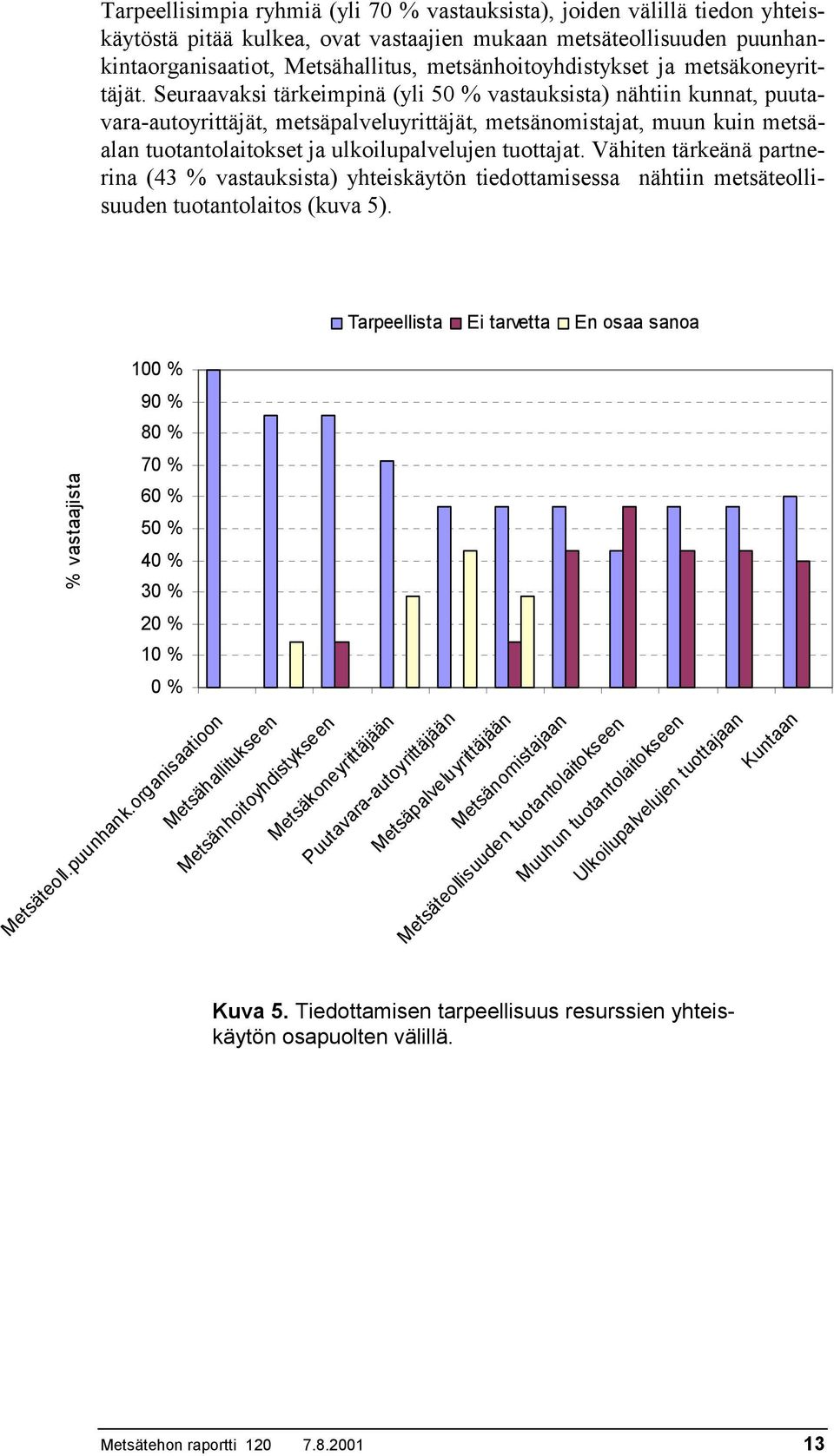 Seuraavaksi tärkeimpinä (yli 50 % vastauksista) nähtiin kunnat, puutavara-autoyrittäjät, metsäpalveluyrittäjät, metsänomistajat, muun kuin metsäalan tuotantolaitokset ja ulkoilupalvelujen tuottajat.