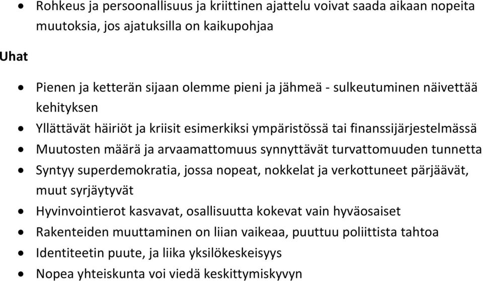 synnyttävät turvattomuuden tunnetta Syntyy superdemokratia, jossa nopeat, nokkelat ja verkottuneet pärjäävät, muut syrjäytyvät Hyvinvointierot kasvavat, osallisuutta