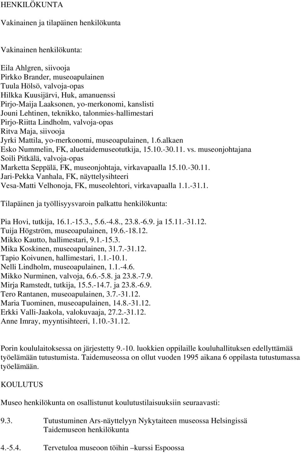 6.alkaen Esko Nummelin, FK, aluetaidemuseotutkija, 15.10.-30.11. vs. museonjohtajana Soili Pitkälä, valvoja-opas Marketta Seppälä, FK, museonjohtaja, virkavapaalla 15.10.-30.11. Jari-Pekka Vanhala, FK, näyttelysihteeri Vesa-Matti Velhonoja, FK, museolehtori, virkavapaalla 1.