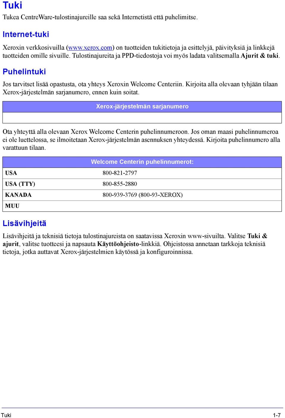 Puhelintuki Jos tarvitset lisää opastusta, ota yhteys Xeroxin Welcome Centeriin. Kirjoita alla olevaan tyhjään tilaan Xerox-järjestelmän sarjanumero, ennen kuin soitat.