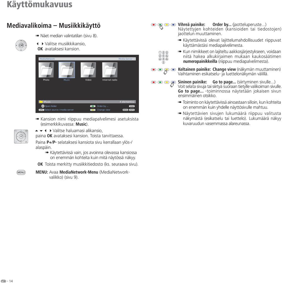 .. Change view 4 element(s) Kansion nimi riippuu mediapalvelimesi asetuksista (esimerkkikuvassa: Music). Valitse haluamasi alikansio, paina avataksesi kansion. Toista tarvittaessa.