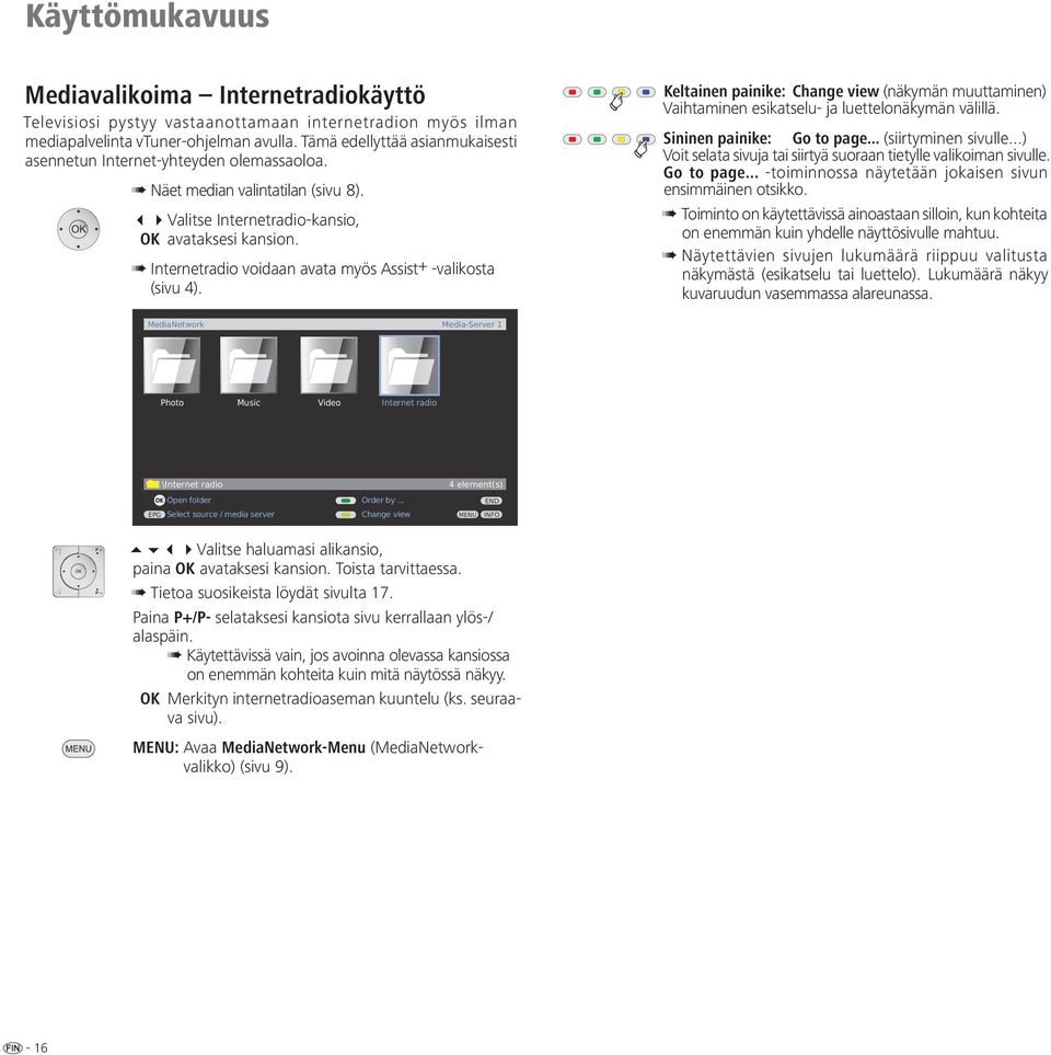 Internetradio voidaan avata myös Assist+ -valikosta (sivu 4). Keltainen painike: Change view (näkymän muuttaminen) Vaihtaminen esikatselu- ja luettelonäkymän välillä. Sininen painike: Go to page.