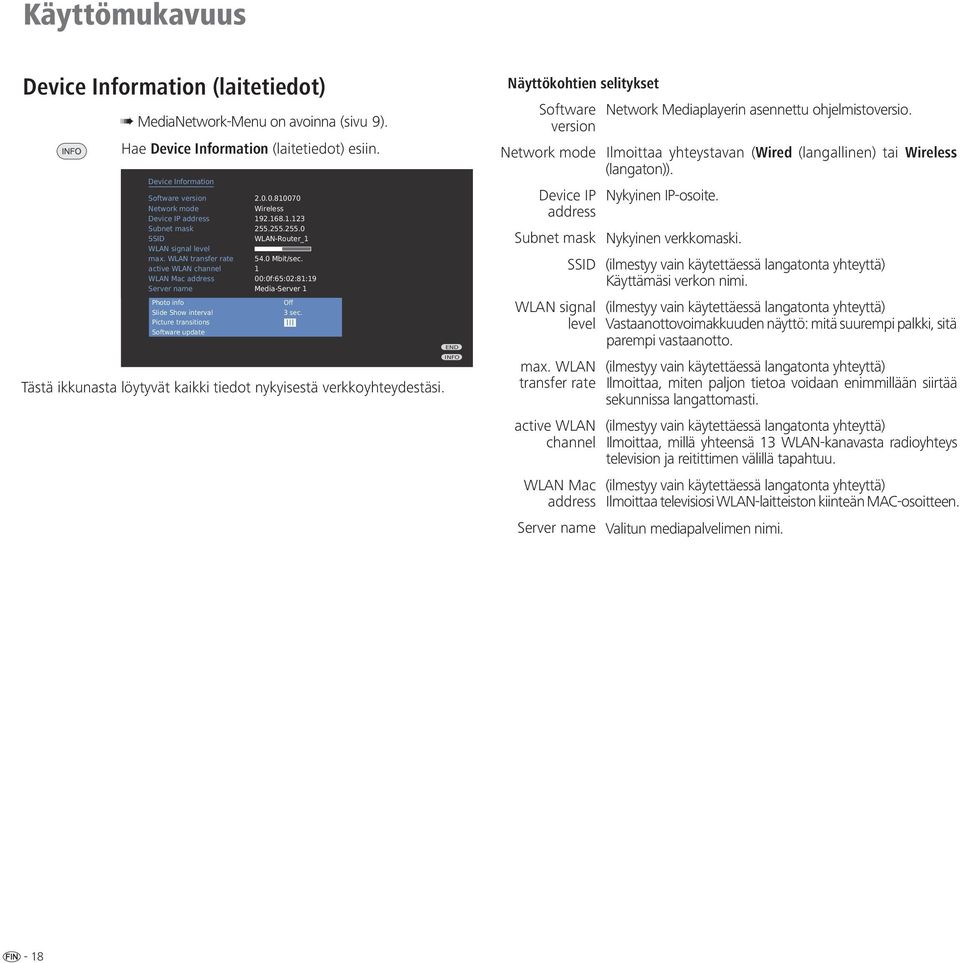 WLAN transfer rate Select source/media server active WLAN channel Change network WLAN Mac address Background play Server name MediaNetwork LED Photo info Slide Show interval Picture transitions