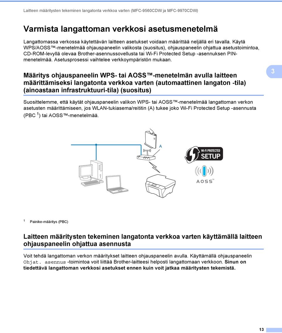 Käytä WPS/AOSS -menetelmää ohjauspaneelin valikosta (suositus), ohjauspaneelin ohjattua asetustoimintoa, CD-ROM-levyllä olevaa Brother-asennussovellusta tai Wi-Fi Protected Setup -asennuksen