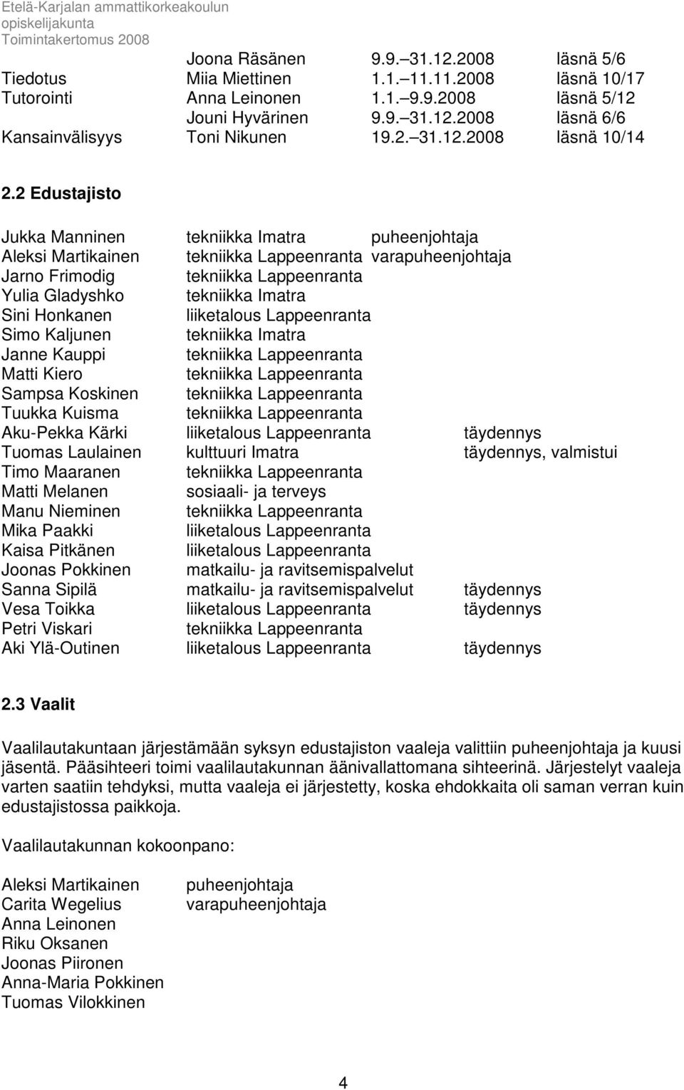 2 Edustajisto Jukka Manninen tekniikka Imatra puheenjohtaja Aleksi Martikainen tekniikka Lappeenranta varapuheenjohtaja Jarno Frimodig tekniikka Lappeenranta Yulia Gladyshko tekniikka Imatra Sini