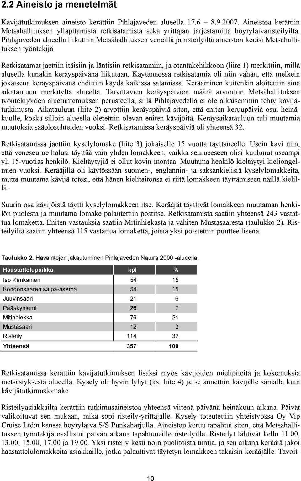 Pihlajaveden alueella liikuttiin Metsähallituksen veneillä ja risteilyiltä aineiston keräsi Metsähallituksen työntekijä.