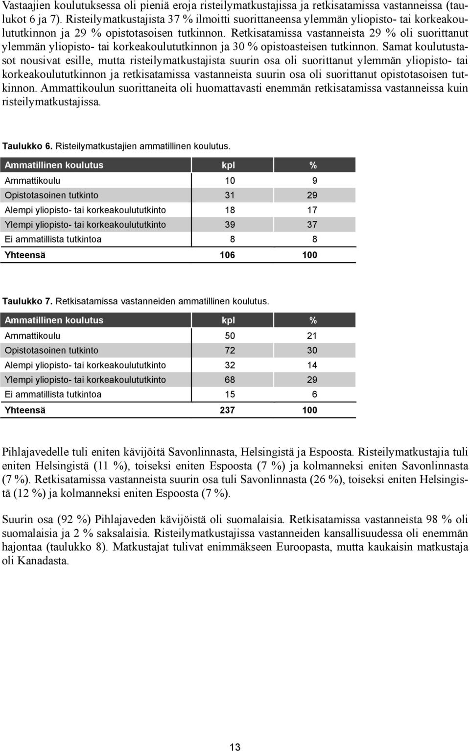 Retkisatamissa vastanneista 29 % oli suorittanut ylemmän yliopisto- tai korkeakoulututkinnon ja 30 % opistoasteisen tutkinnon.