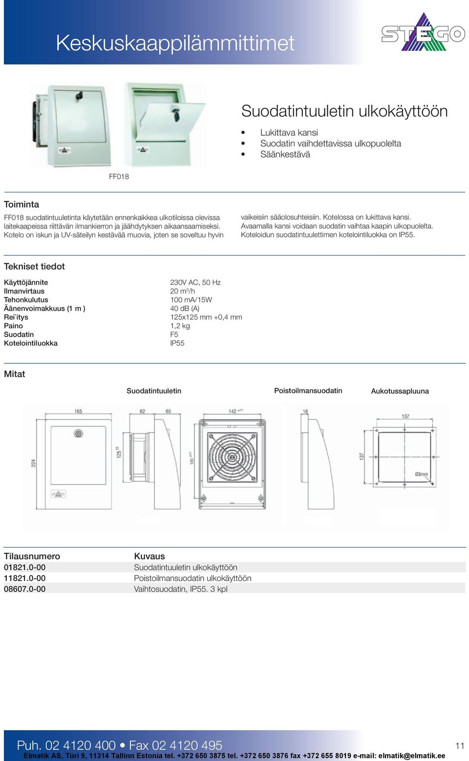 Avaamalla kansi voidaan suodatin vaihtaa kaapin ulkopuolelta. Koteloidun suodatintuulettimen kotelointiluokka on IP55.