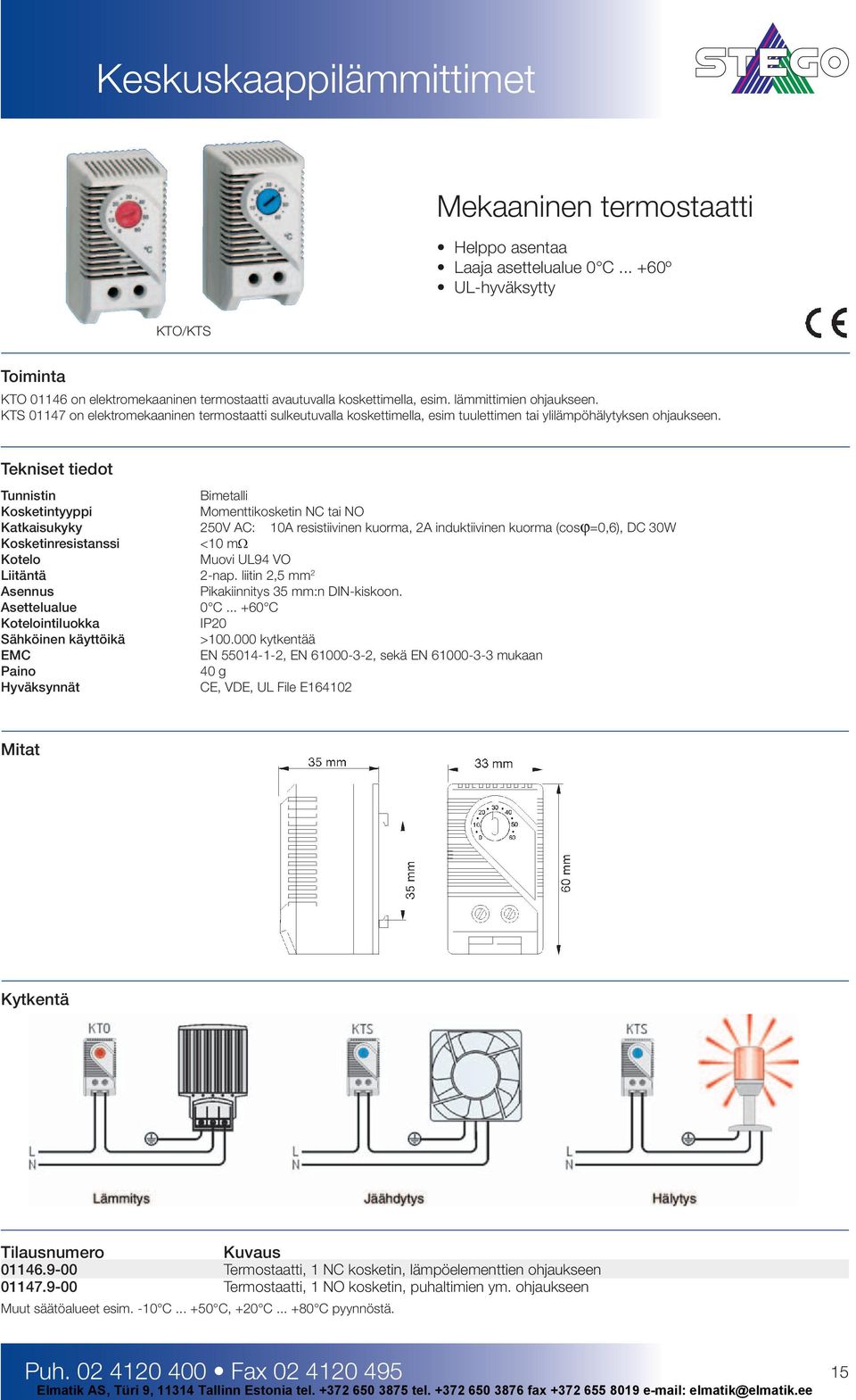 Tunnistin Bimetalli Kosketintyyppi Momenttikosketin NC tai NO Katkaisukyky 250V AC: 10A resistiivinen kuorma, 2A induktiivinen kuorma (cosϕ=0,6), DC 30W Kosketinresistanssi <10 mω Kotelo Muovi UL94