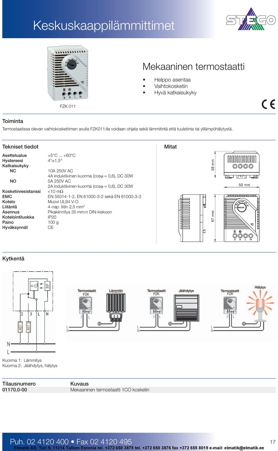 .. +60 C Hystereesi 4 ±1,5 Katkaisukyky NC 10A 250V AC 4A induktiivinen kuorma (cosϕ = 0,6), DC 30W NO 5A 250V AC 2A induktiivinen kuorma (cosϕ = 0,6), DC 30W Kosketinresistanssi