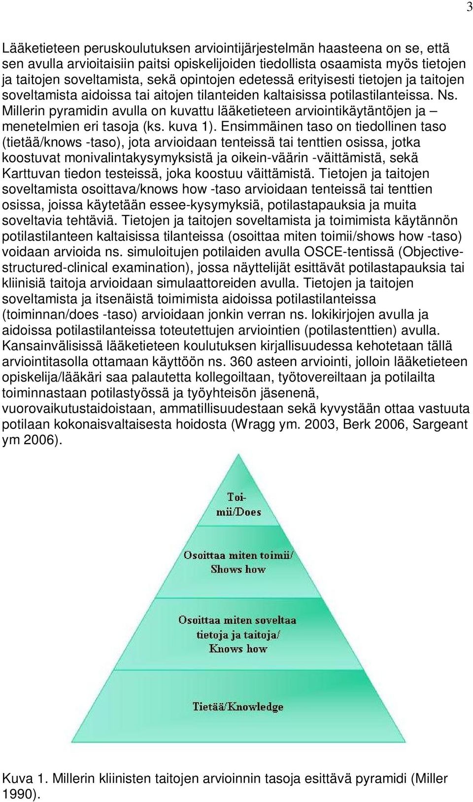 Millerin pyramidin avulla on kuvattu lääketieteen arviointikäytäntöjen ja menetelmien eri tasoja (ks. kuva 1).