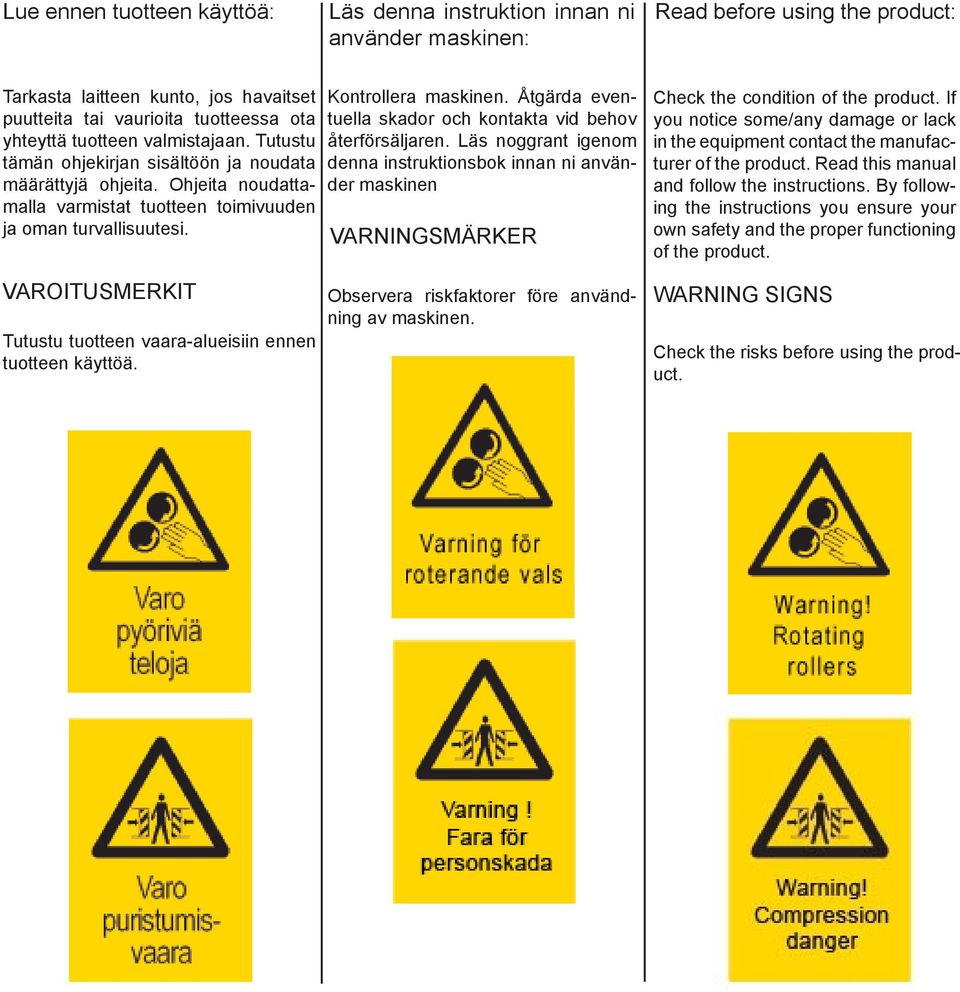 Åtgärda eventuella skador och kontakta vid behov återförsäljaren. Läs noggrant igenom denna instruktionsbok innan ni använder maskinen VARNINGSMÄRKER Check the condition of the product.