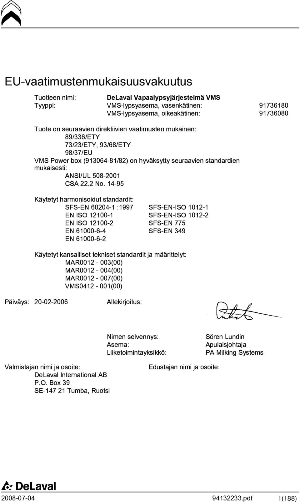 14-95 Käytetyt harmonisoidut standardit: SFS-EN 60204-1 :1997 SFS-EN-ISO 1012-1 EN ISO 12100-1 SFS-EN-ISO 1012-2 EN ISO 12100-2 SFS-EN 775 EN 61000-6-4 SFS-EN 349 EN 61000-6-2 Käytetyt kansalliset