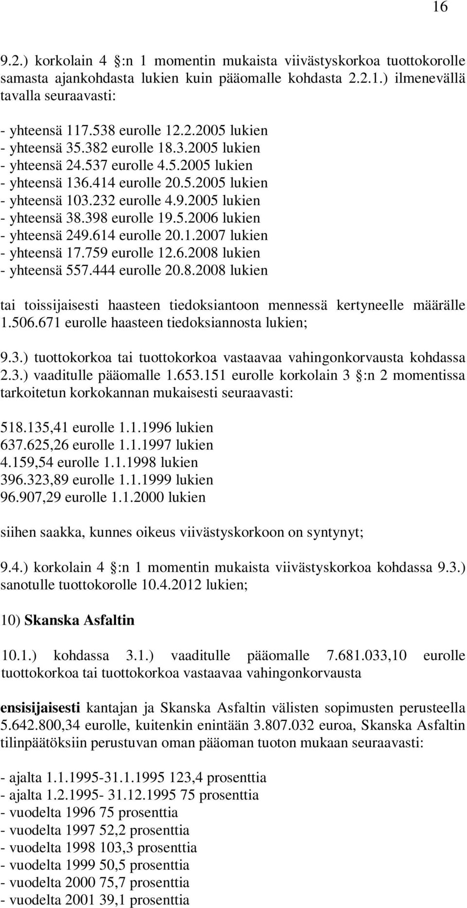 614 eurolle 20.1.2007 lukien - yhteensä 17.759 eurolle 12.6.2008 lukien - yhteensä 557.444 eurolle 20.8.2008 lukien tai toissijaisesti haasteen tiedoksiantoon mennessä kertyneelle määrälle 1.506.