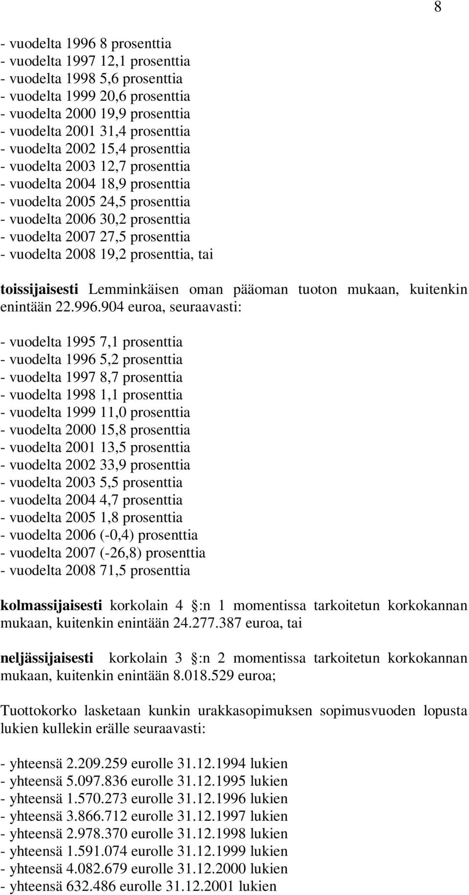 vuodelta 2008 19,2 prosenttia, tai toissijaisesti Lemminkäisen oman pääoman tuoton mukaan, kuitenkin enintään 22.996.