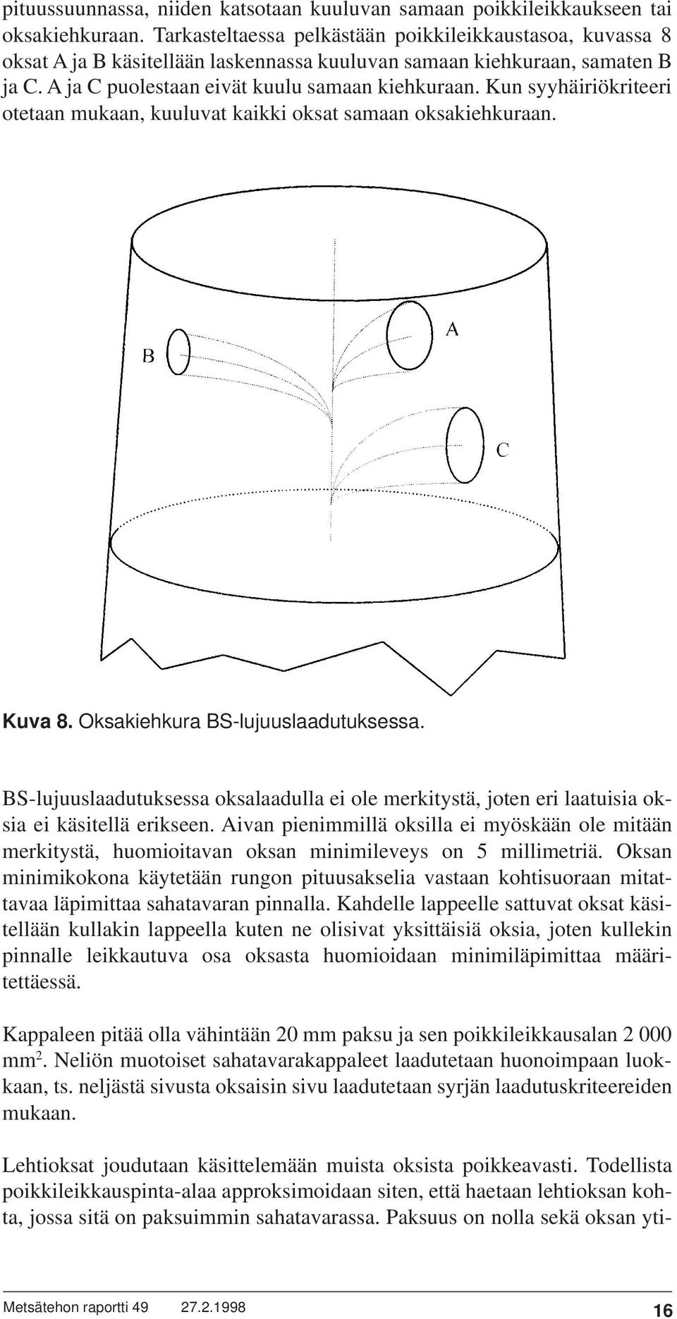 Kun syyhäiriökriteeri otetaan mukaan, kuuluvat kaikki oksat samaan oksakiehkuraan. Kuva 8. Oksakiehkura BS-lujuuslaadutuksessa.