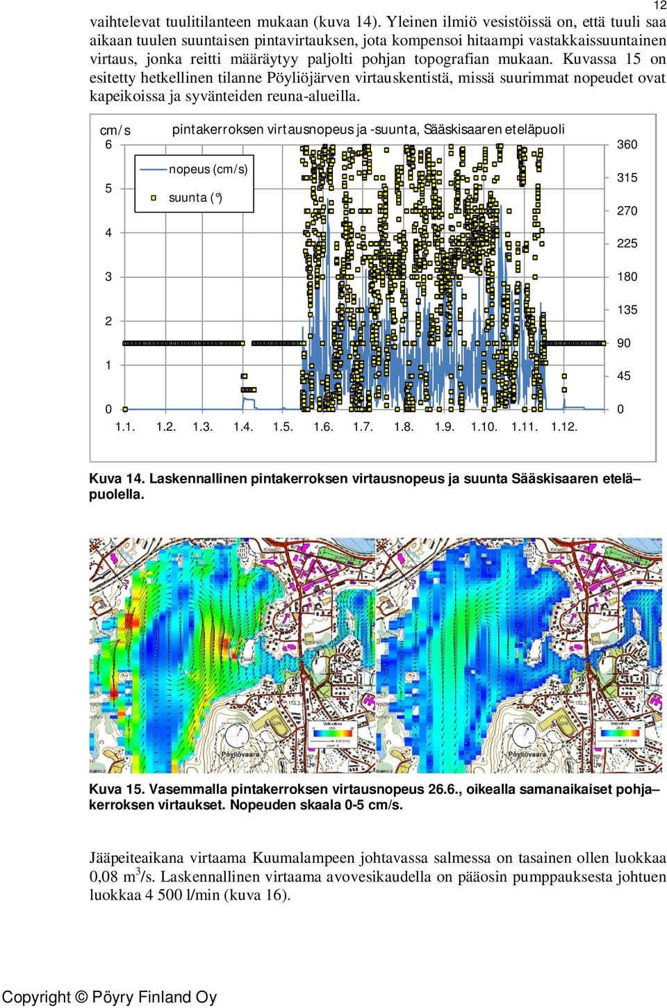 Kuvassa 15 on esitetty hetkellinen tilanne Pöyliöjärven virtauskentistä, missä suurimmat nopeudet ovat kapeikoissa ja syvänteiden reuna-alueilla.