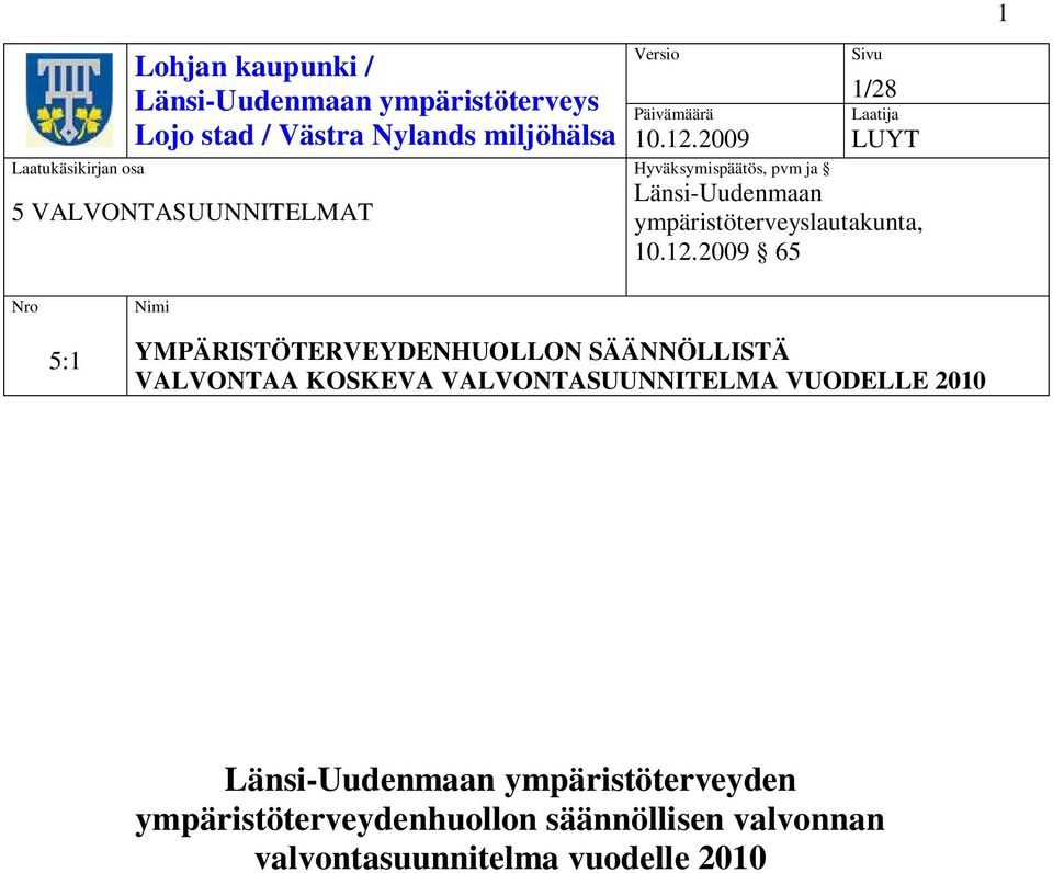 2009 5 VALVONTASUUNNITELMAT Sivu 1/28 Laatija LUYT Hyväksymispäätös, pvm ja Länsi-Uudenmaan ympäristöterveyslautakunta, 10.