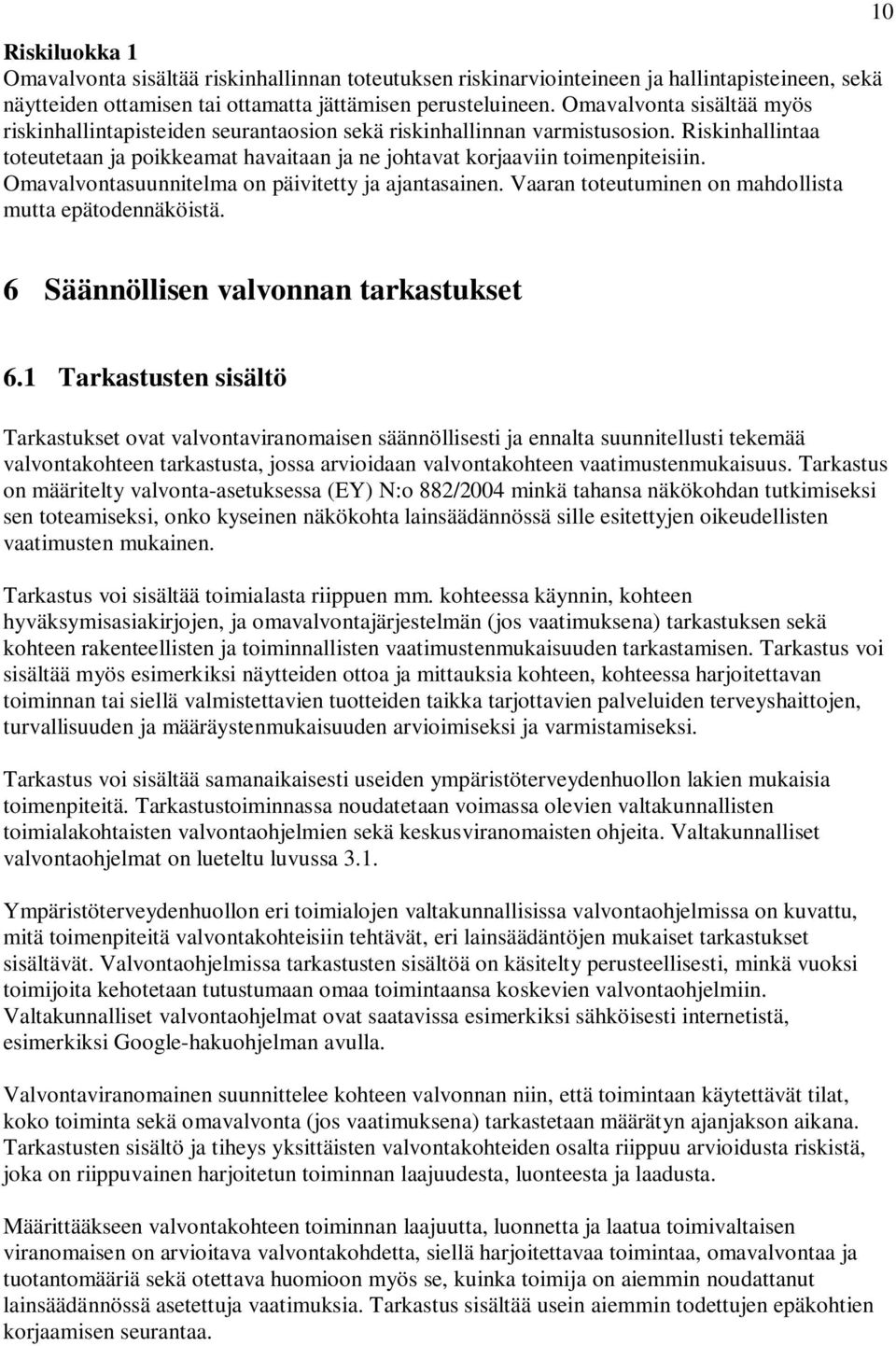 Omavalvontasuunnitelma on päivitetty ja ajantasainen. Vaaran toteutuminen on mahdollista mutta epätodennäköistä. 10 6 Säännöllisen valvonnan tarkastukset 6.