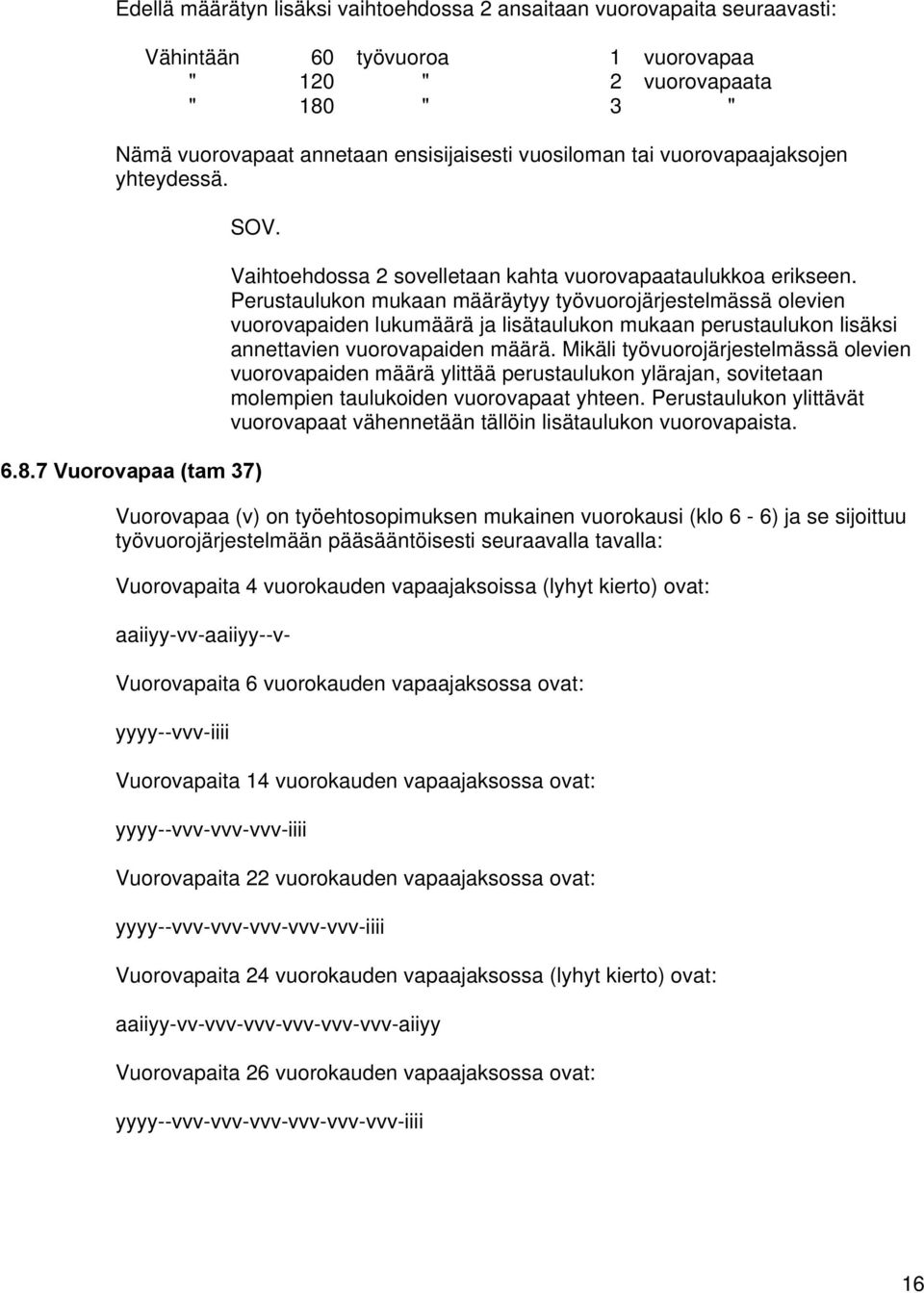 Perustaulukon mukaan määräytyy työvuorojärjestelmässä olevien vuorovapaiden lukumäärä ja lisätaulukon mukaan perustaulukon lisäksi annettavien vuorovapaiden määrä.