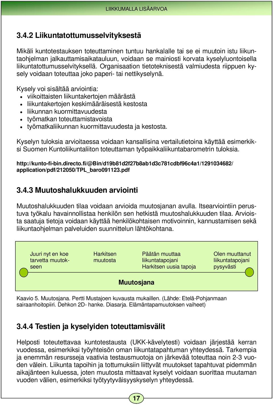 Kysely voi sisältää arviointia: viikoittaisten liikuntakertojen määrästä liikuntakertojen keskimääräisestä kestosta liikunnan kuormittavuudesta työmatkan toteuttamistavoista työmatkaliikunnan