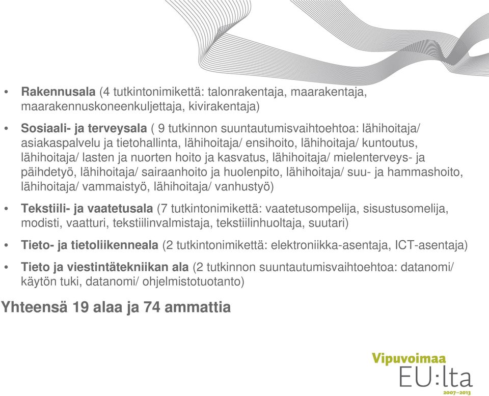 lähihoitaja/ suu- ja hammashoito, lähihoitaja/ vammaistyö, lähihoitaja/ vanhustyö) Tekstiili- ja vaatetusala (7 tutkintonimikettä: vaatetusompelija, sisustusomelija, modisti, vaatturi,