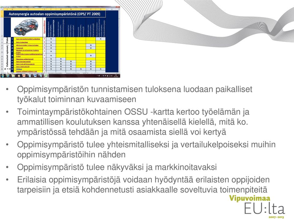 ympäristössä tehdään ja mitä osaamista siellä voi kertyä Oppimisympäristö tulee yhteismitalliseksi ja vertailukelpoiseksi muihin